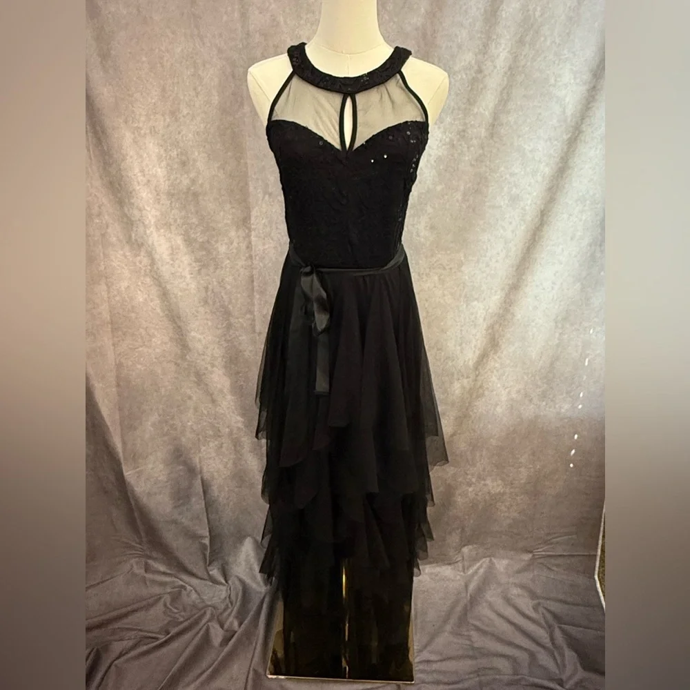 Elegant Black Halter Formal Sheer Illusion Dress layered tulle prom bow sequin - Picture 2 of 10